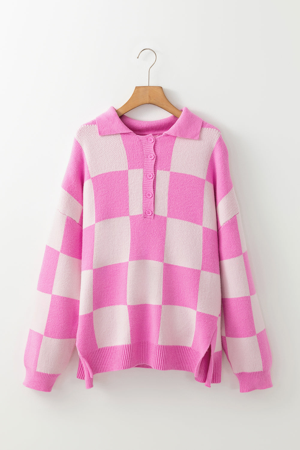 Pink Checkered Half Button Sweater