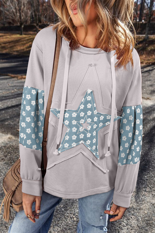 Blue Floral Patchwork Star Pattern Hoodie