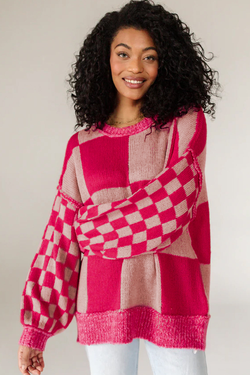 Rose Red Checkered Drop Shoulder Sweater