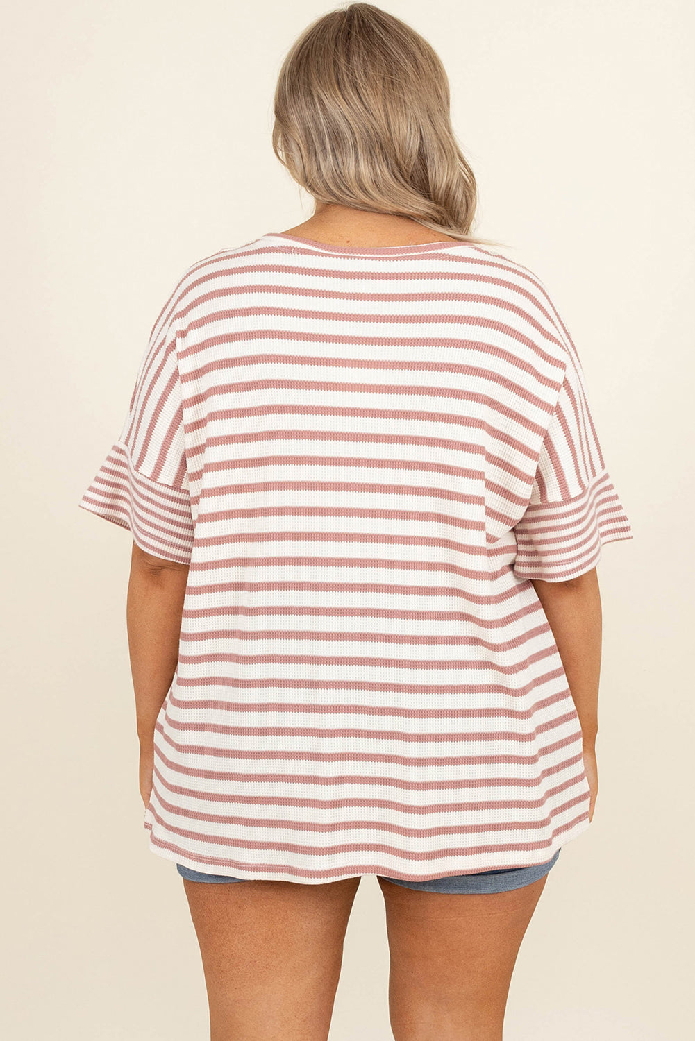 Pink Stripe Waffle Knit Pocketed Half Sleeve Plus Size T Shirt