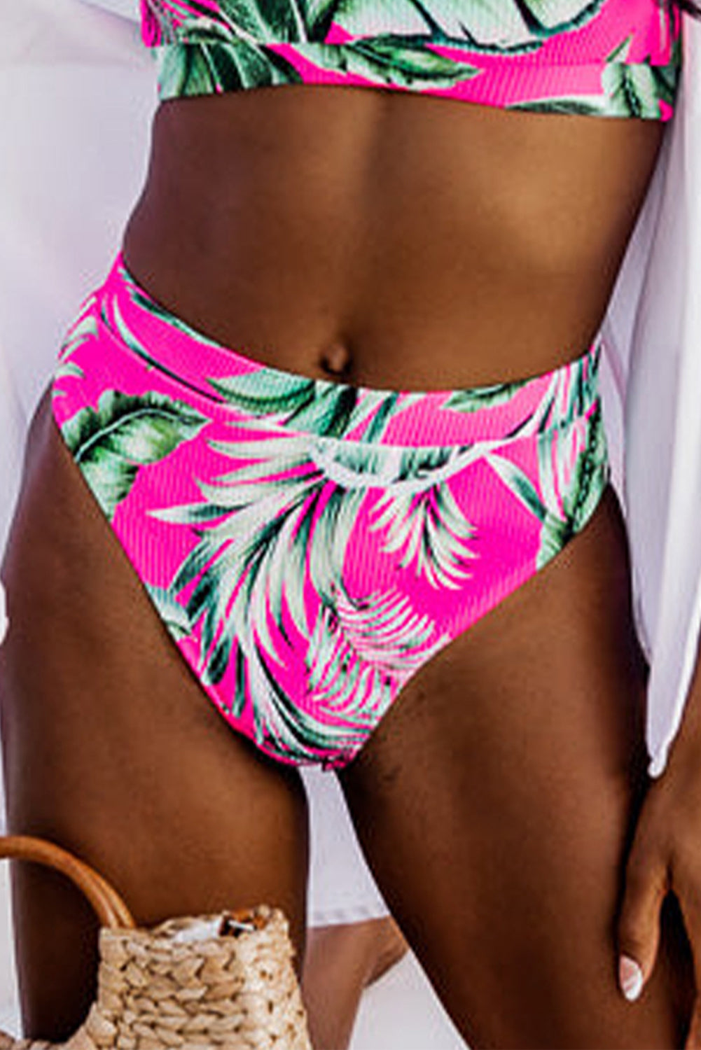 Rose Tropical Print Textured Bikini Bottoms BOTTOMS ONLY