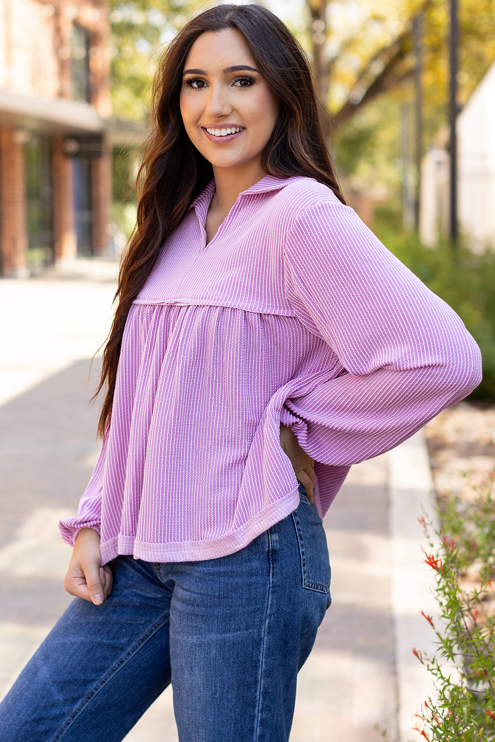 Corded V Neck Bubble Sleeve Babydoll Blouse
