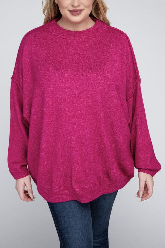 Oversized Round Neck Raw Seam Melange Sweater PLUS