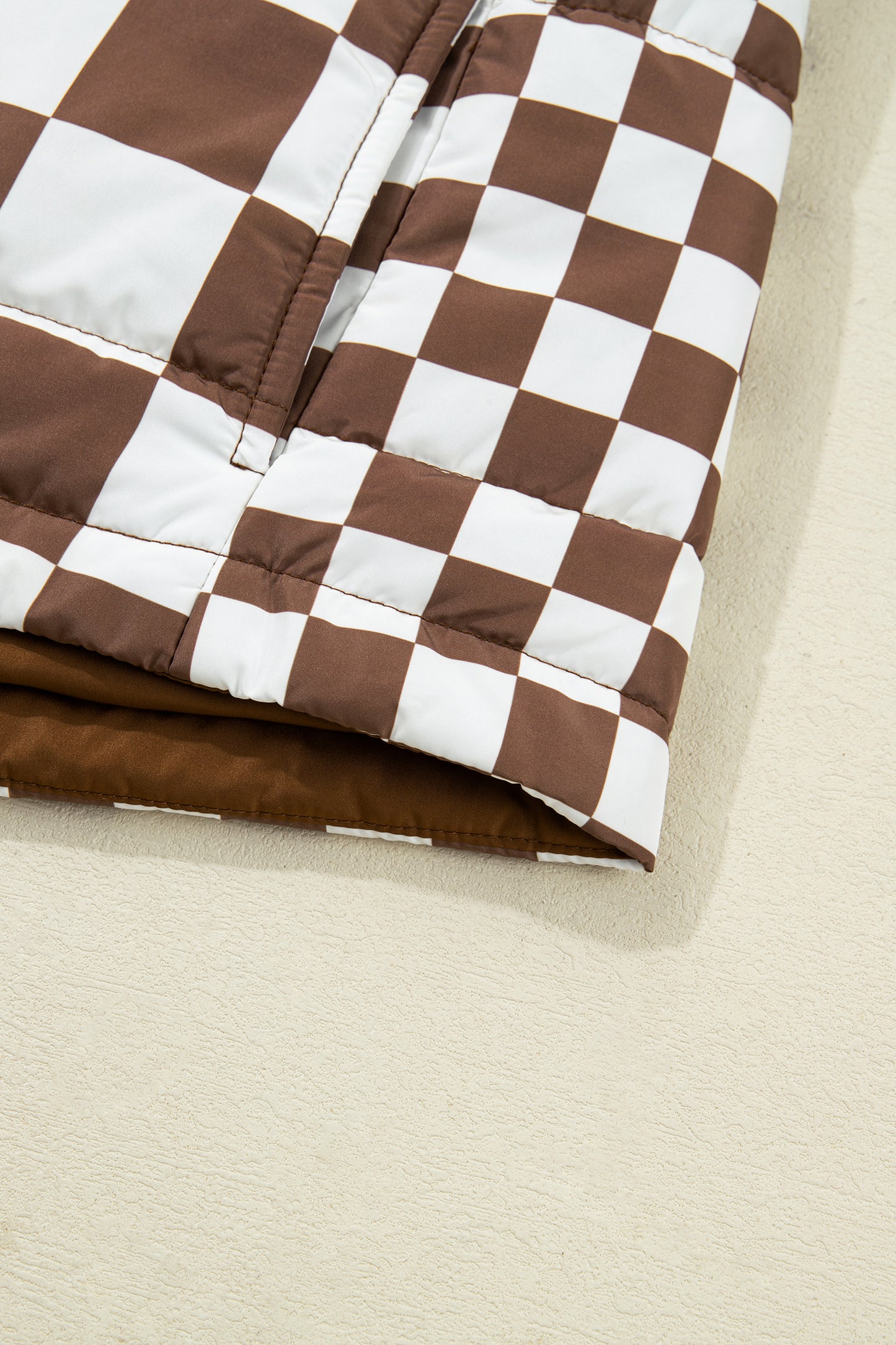 Brown Double Checked Stand Collar Cropped Puffer Vest