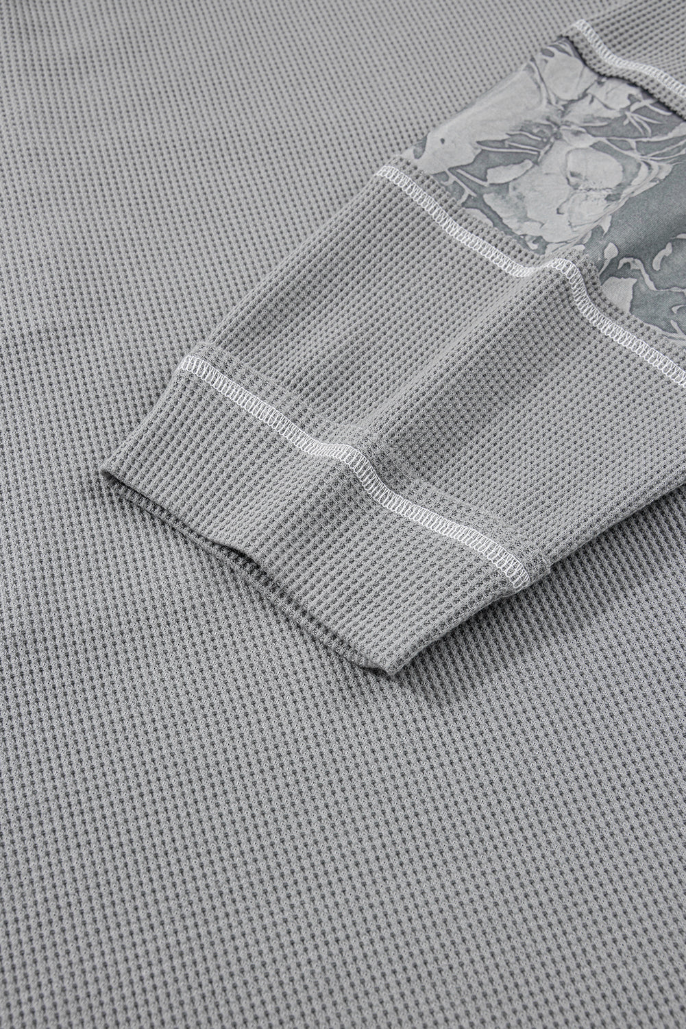 Gray Mixed Pattern Waffle Knit Patchwork Half Buttons Plus Hooded Top