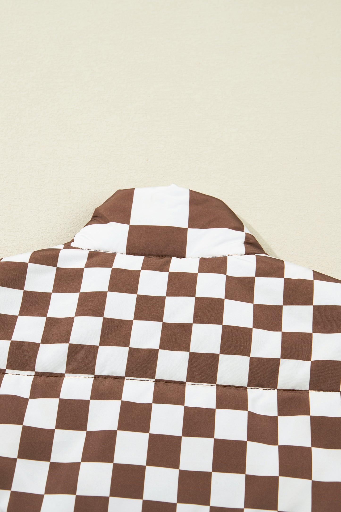 Brown Double Checked Stand Collar Cropped Puffer Vest