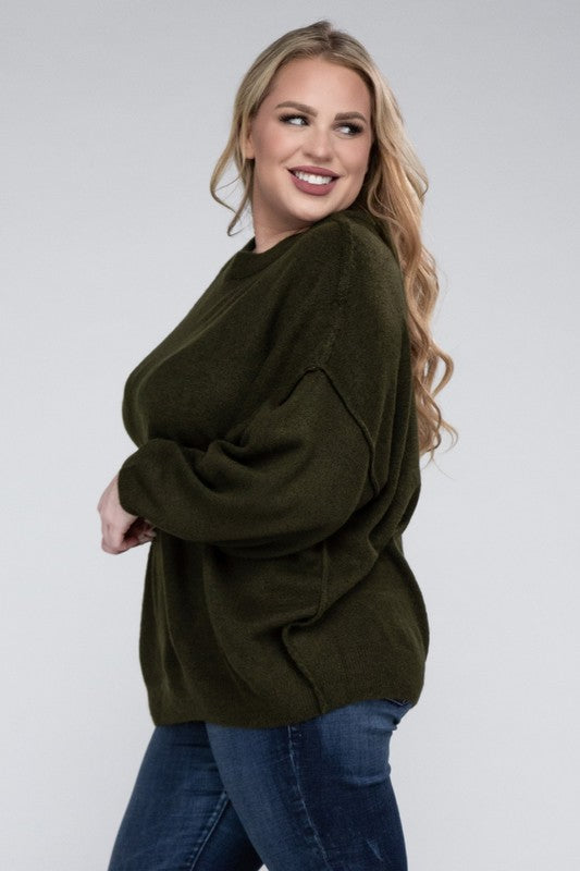 Oversized Round Neck Raw Seam Melange Sweater PLUS