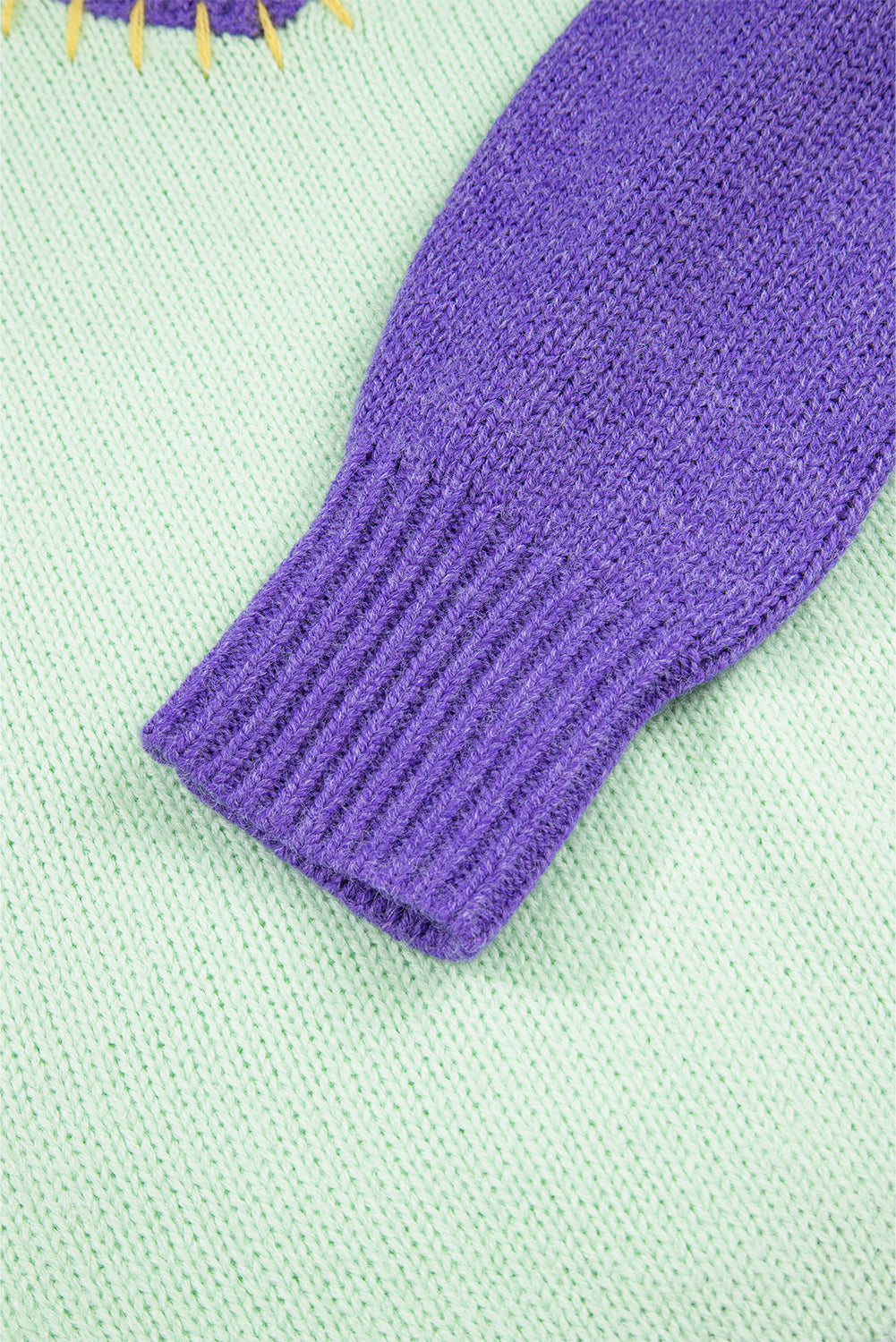 Green Stitched V Neck Color Block Knitted Drop Shoulder Sweater