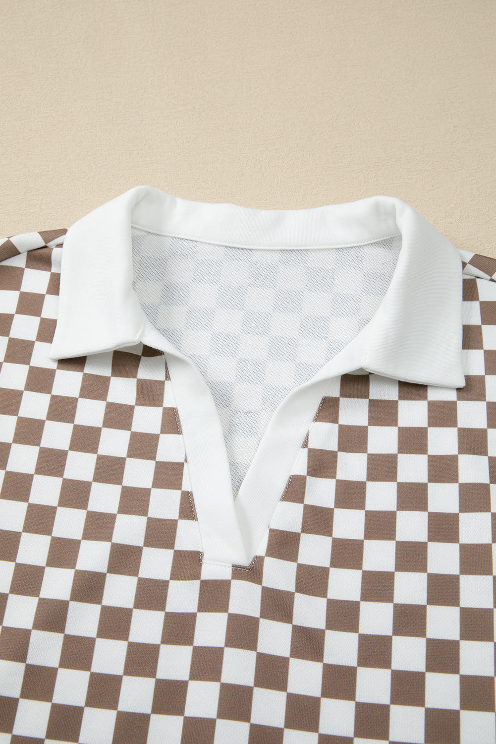 Khaki Checkered Print Polo Collar Cropped Long Sleeve Top Drawstring Mini Skirt Set