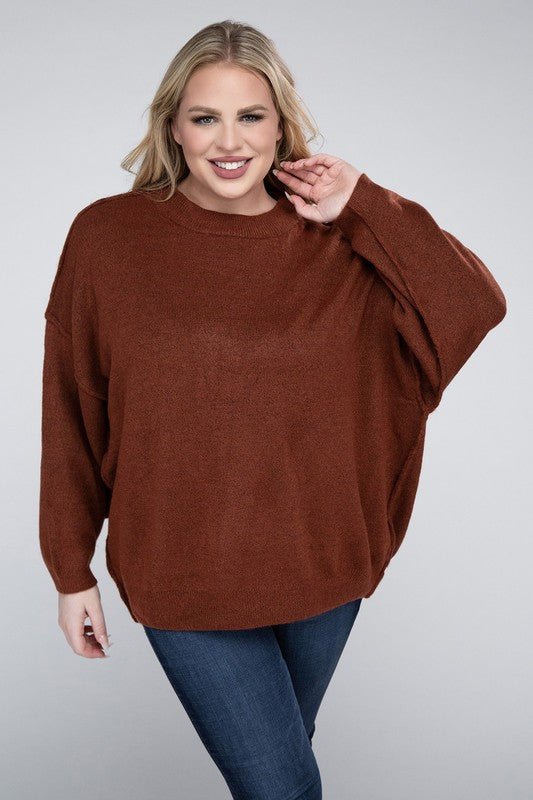 Oversized Round Neck Raw Seam Melange Sweater PLUS