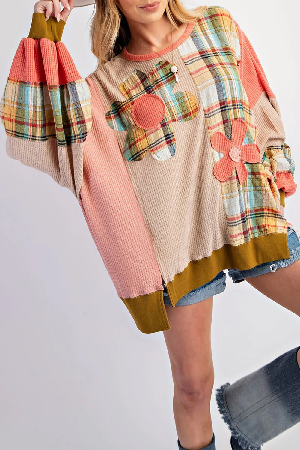 Multicolor Waffle Knit Plaid Patchwork Side Slits Loose Sweatshirt