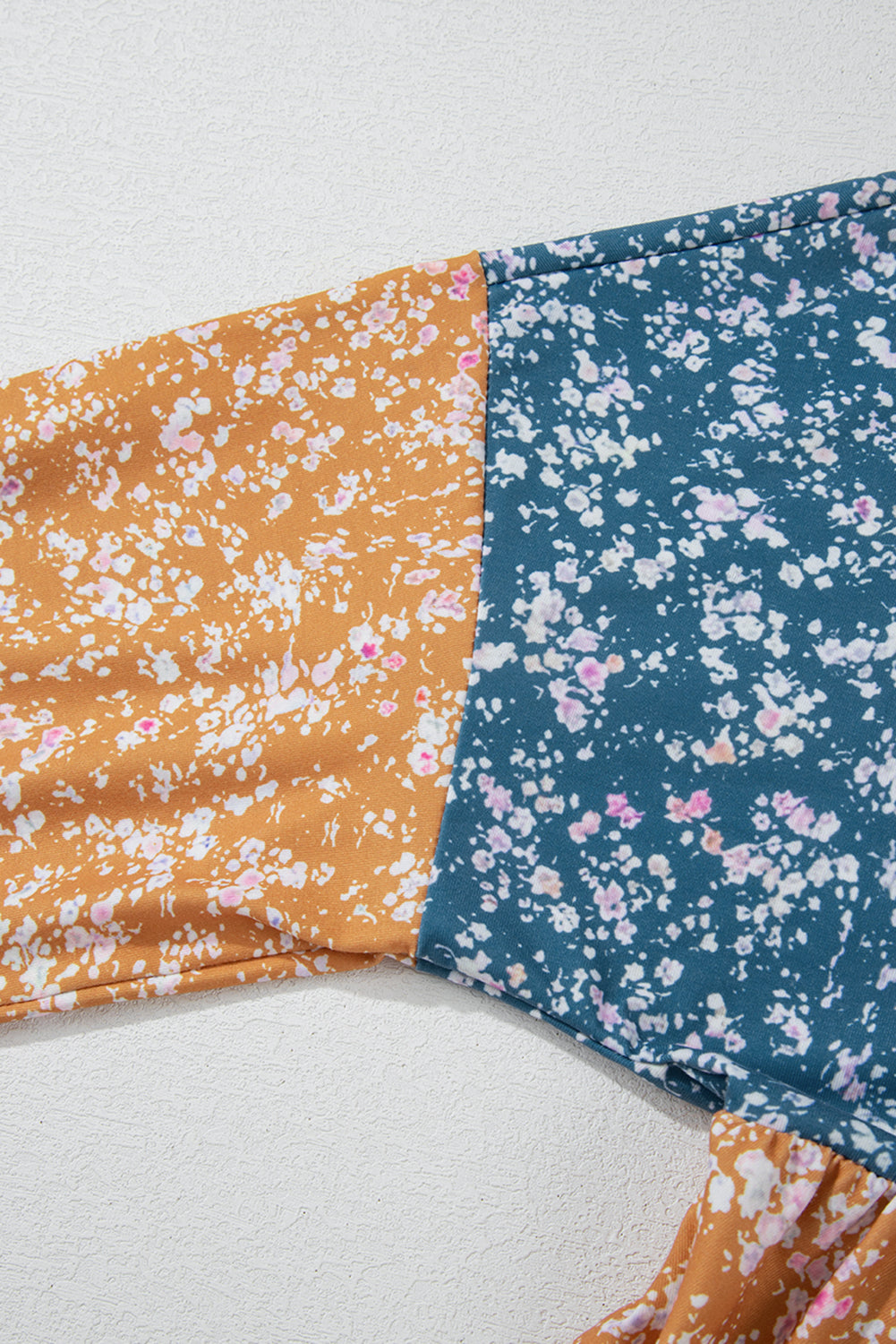 Orange Floral Color Block Patchwork Ruffled Hem Round Neck Blouse