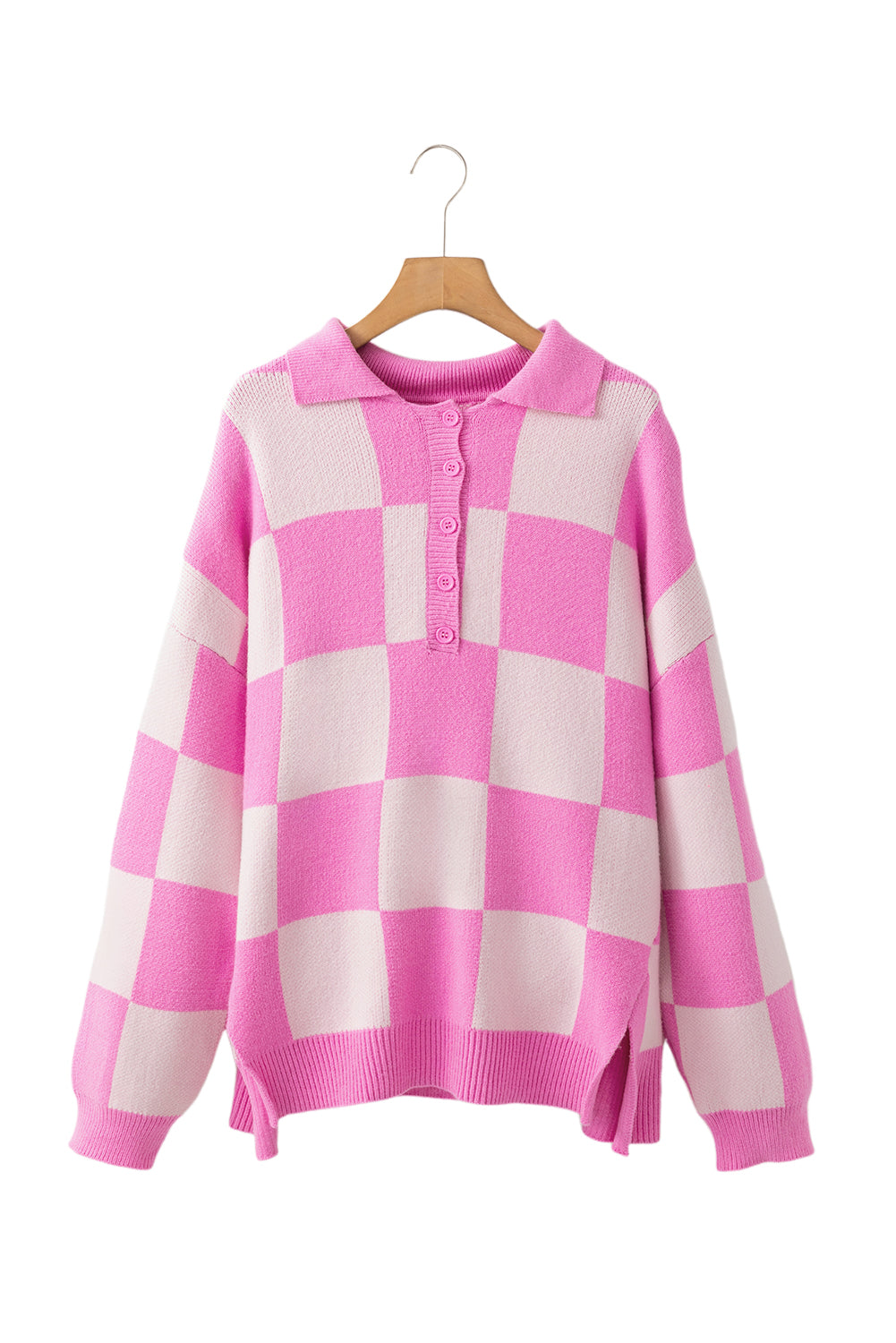 Pink Checkered Half Button Sweater