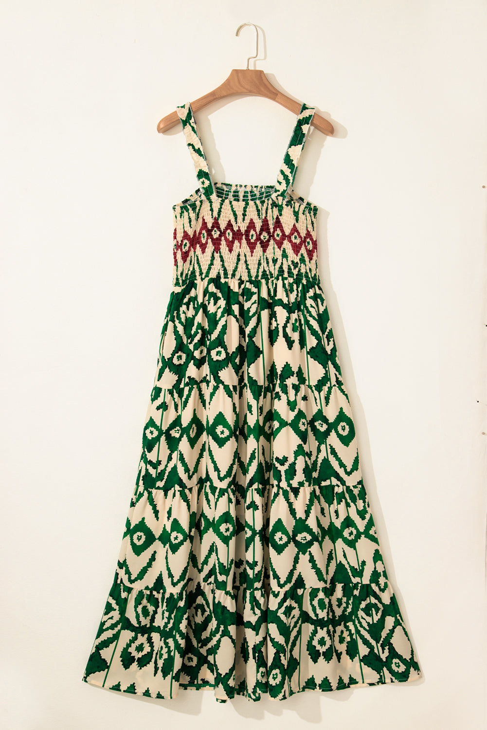 Green Western Aztec Shirred A-line Sleeveless Maxi Dress