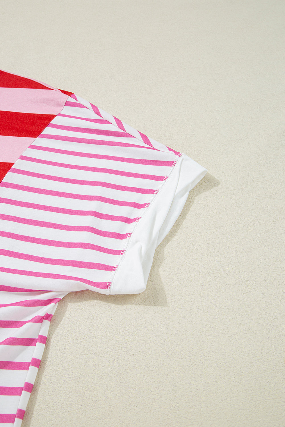 Pink Stripe Patchwork Round Neck Side Split Loose T Shirt