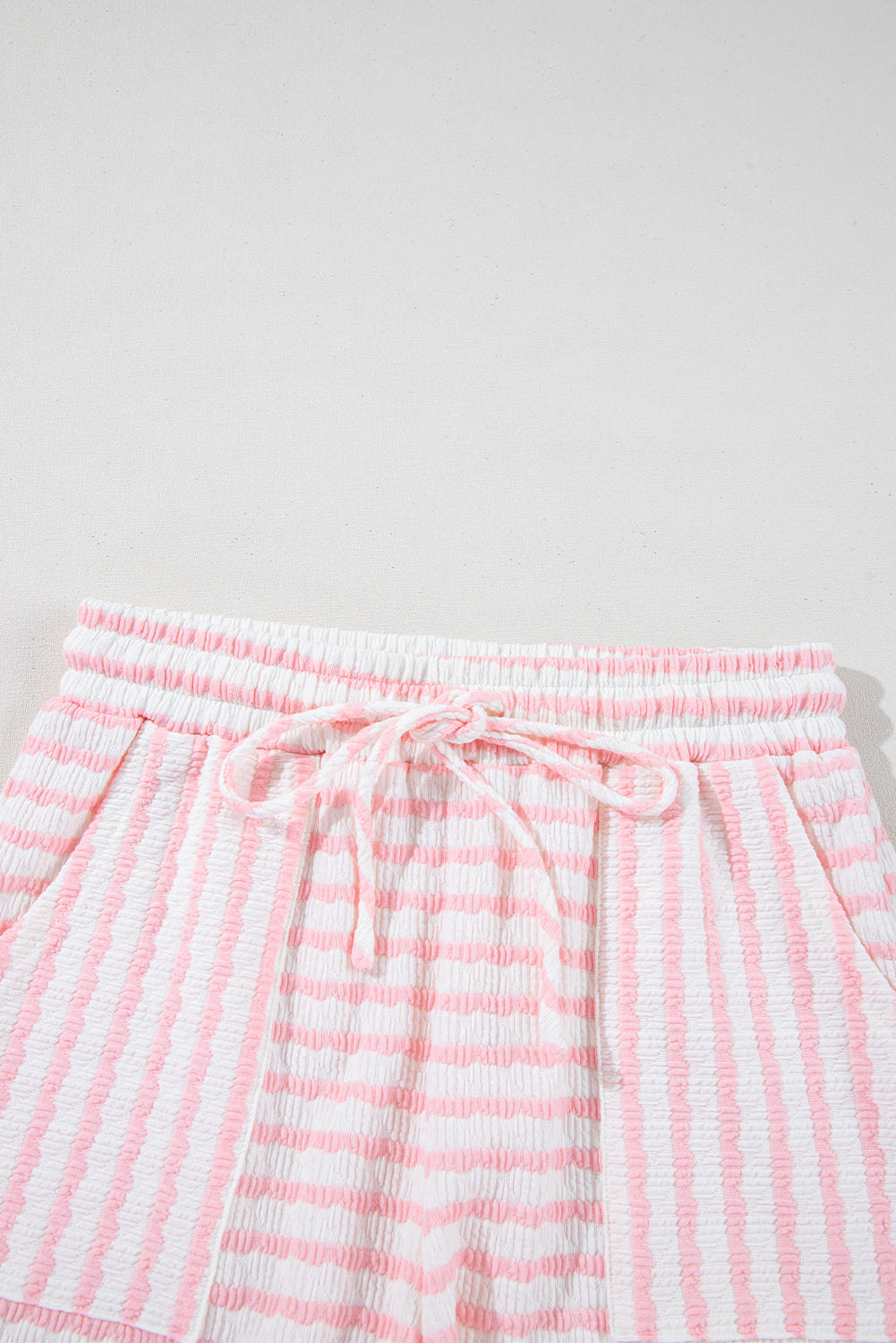 Pink Stripe Knitted Short Sleeve Top and Drawstring Shorts Set