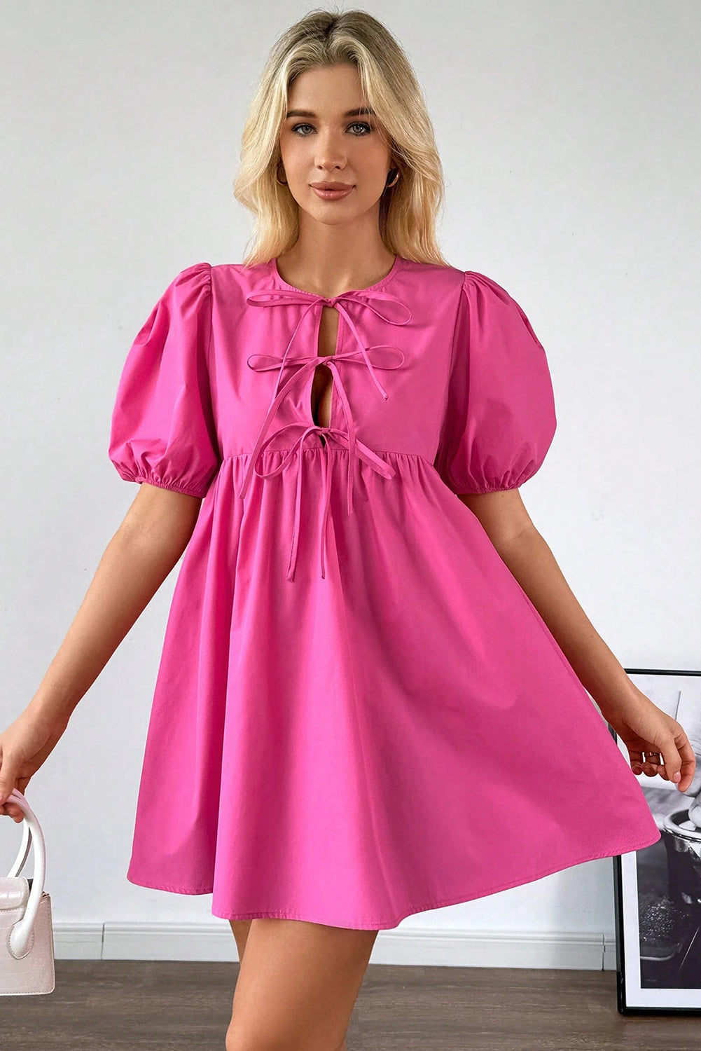 Bright Pink Solid Color Puff Sleeve Tie Front High Waist Mini Dress