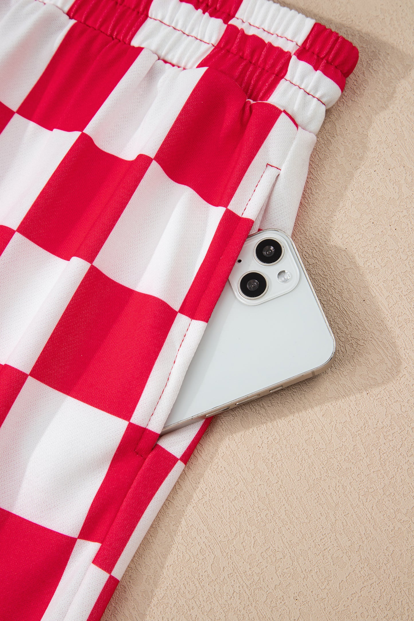 Red Checkered Print Half Zip Hoodie Loose Pant Set