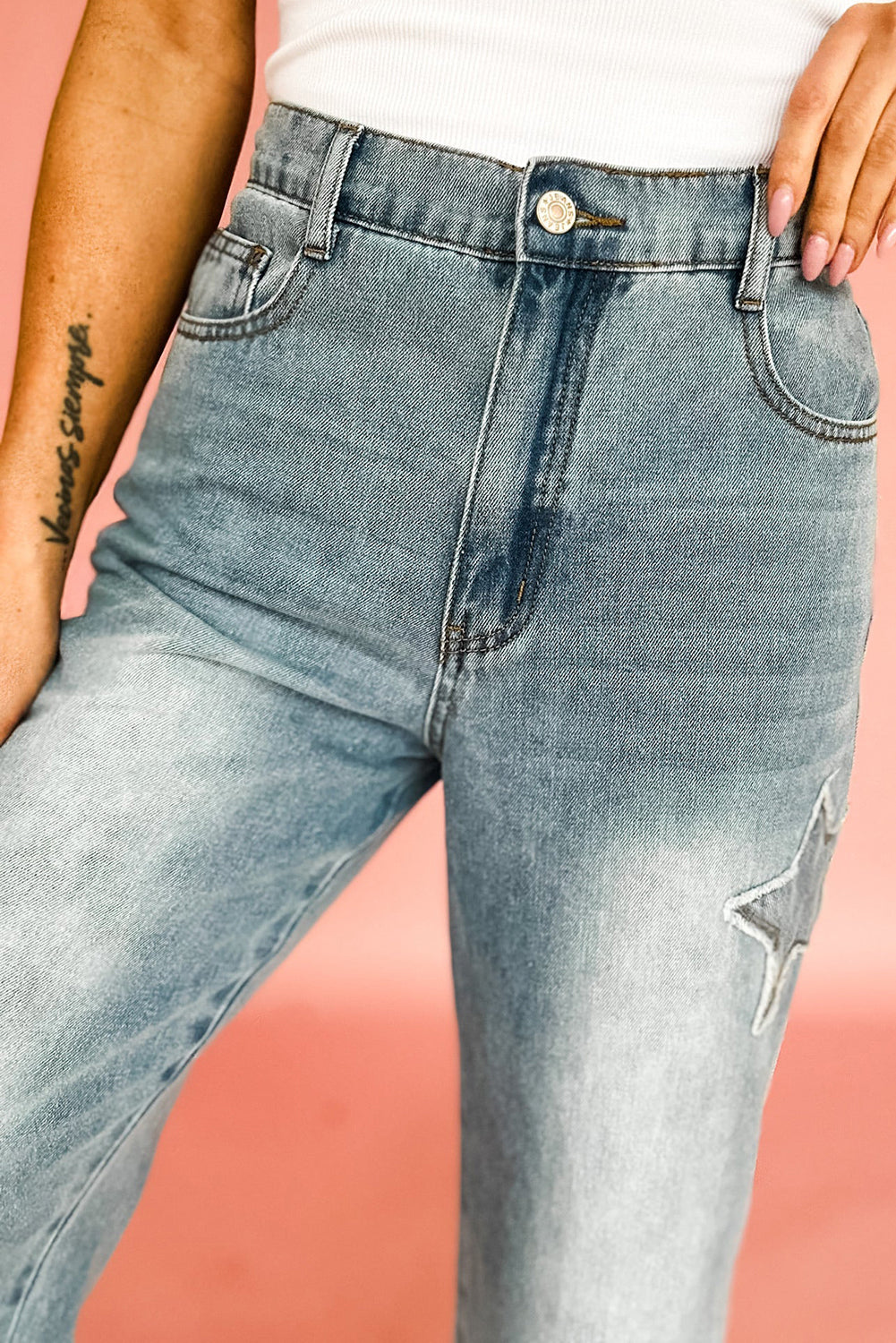 Stone Blue Star Patchwork Cropped Wide Leg High Waist Jeans