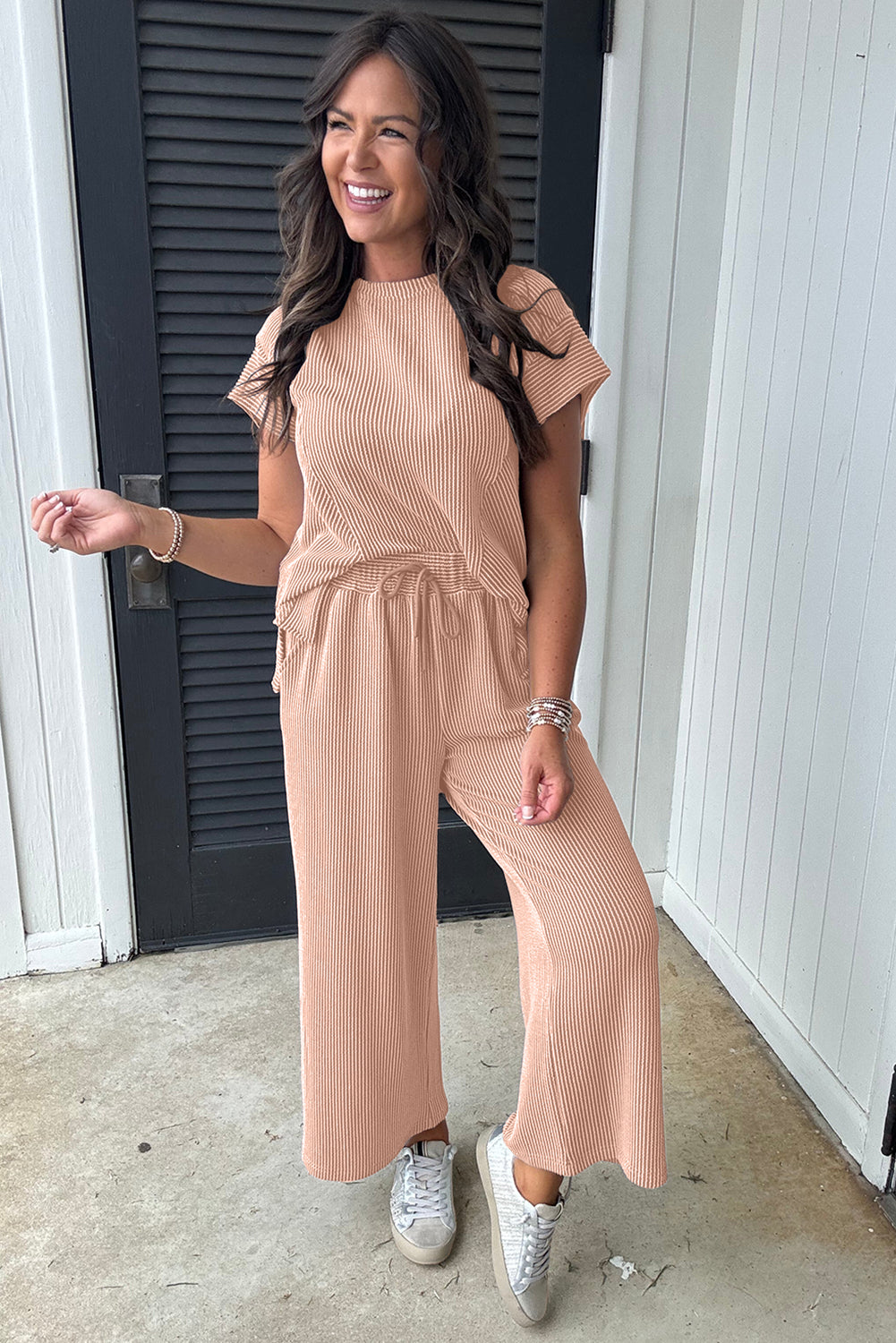 Smoke Gray Solid Corded Knit Short Sleeve top and Wide Leg Pants Set