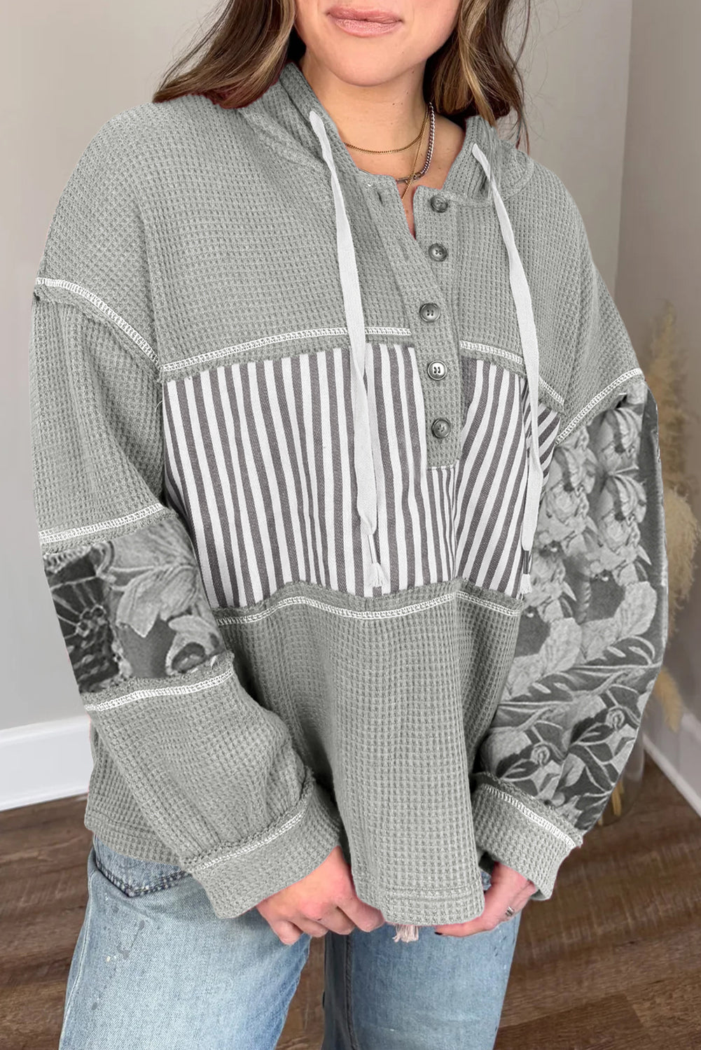 Gray Mixed Pattern Waffle Knit Patchwork Half Buttons Plus Hooded Top