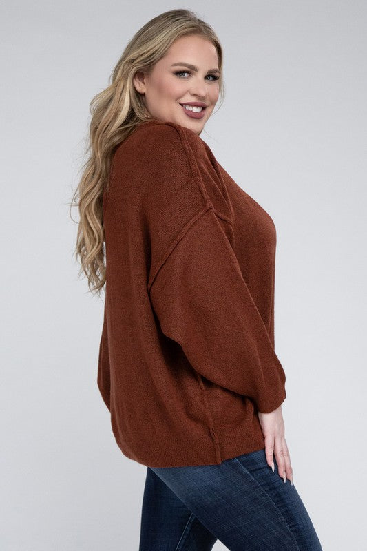 Oversized Round Neck Raw Seam Melange Sweater PLUS