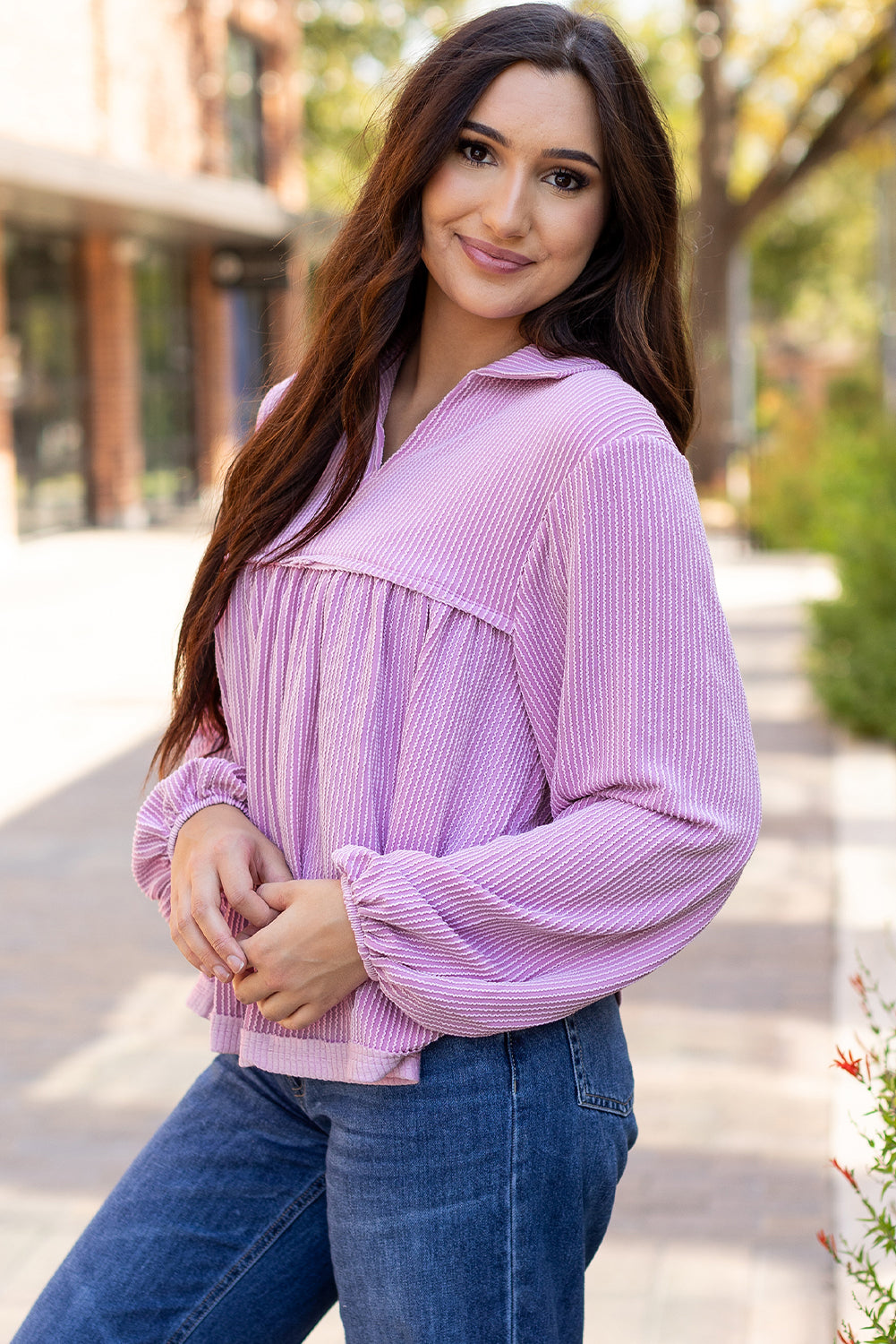 Corded V Neck Bubble Sleeve Babydoll Blouse