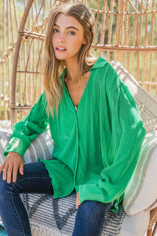 The Grass is Always Greener Pleated Silk Blouse