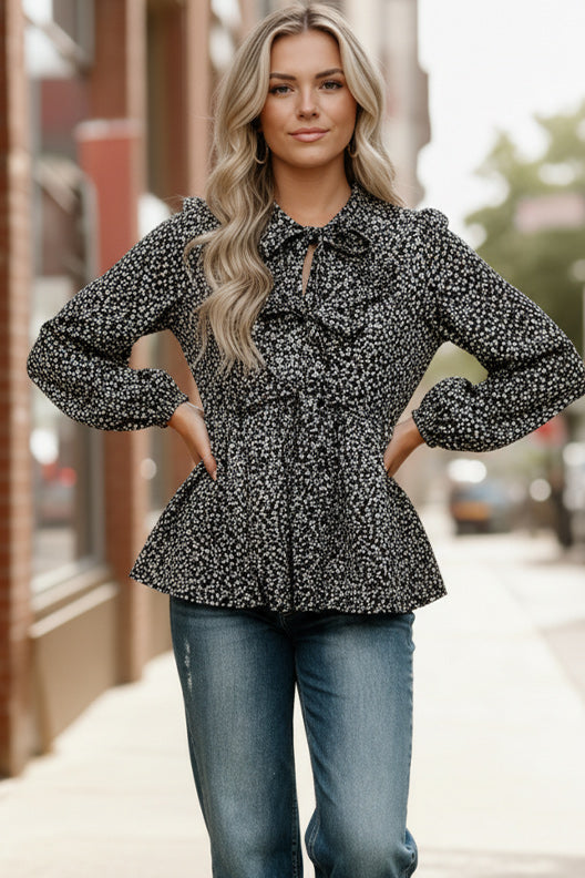 Midnight Petal Bowtie Blouse