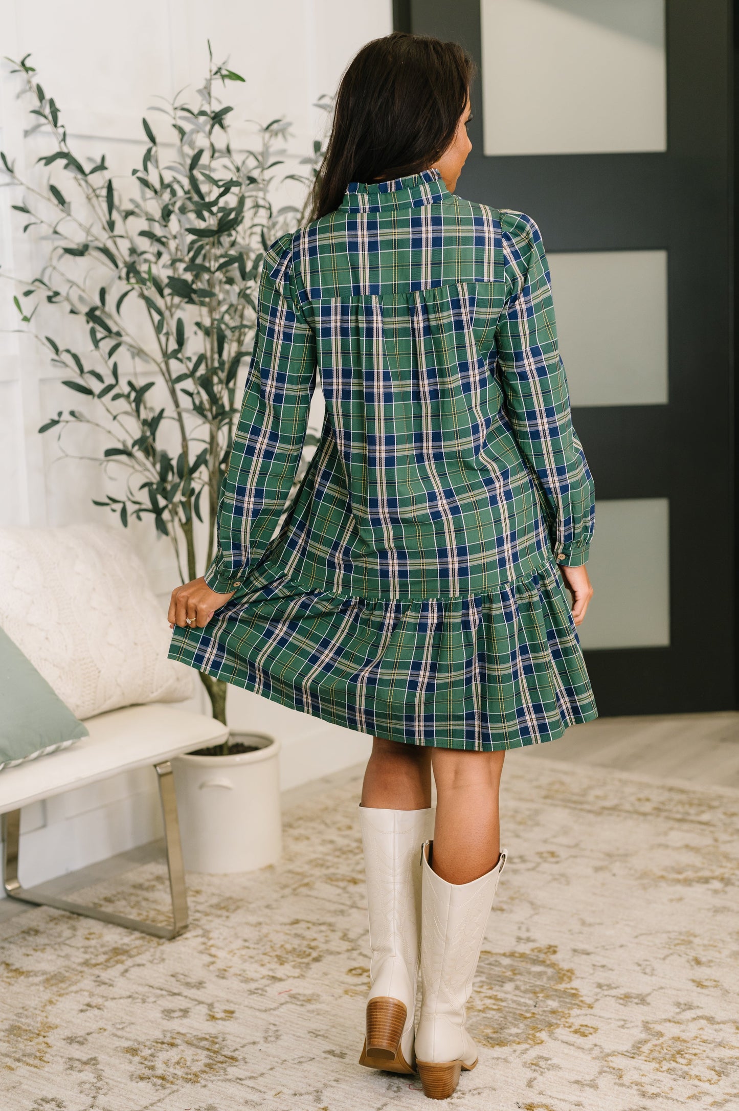 Plaid Perspective Split Neck Long Sleeve Dress