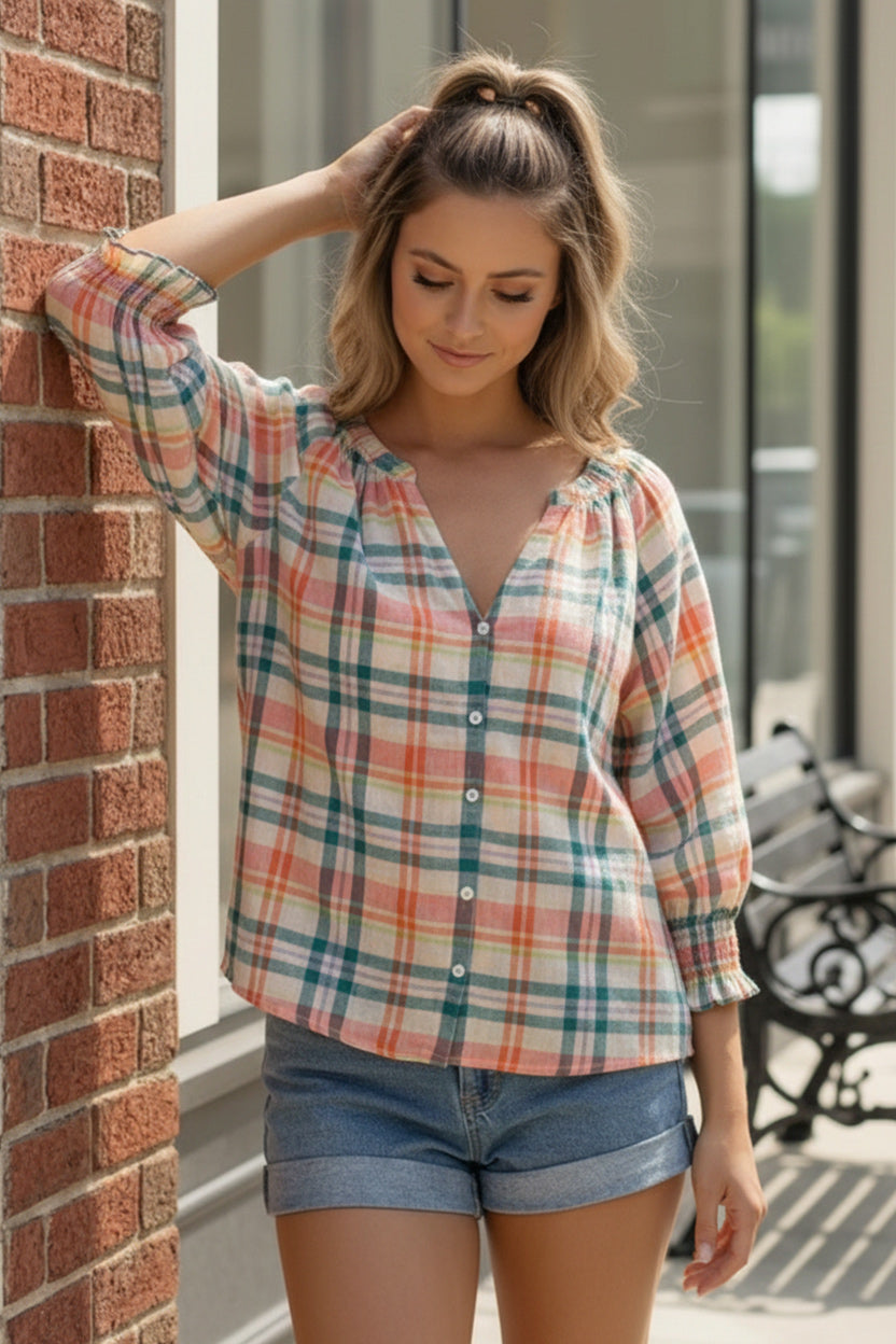 Peachy Picnic Plaid Top