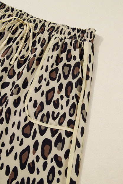 Khaki Exposed Seam Patched Pocket Plus Size Drawstring Leopard Wide Leg Pants