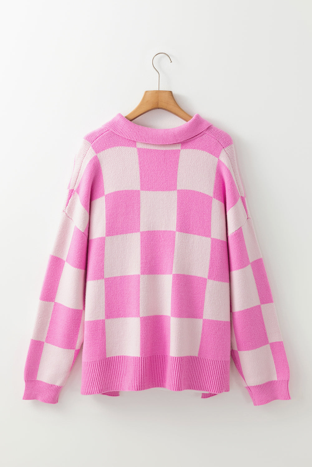 Pink Checkered Half Button Sweater