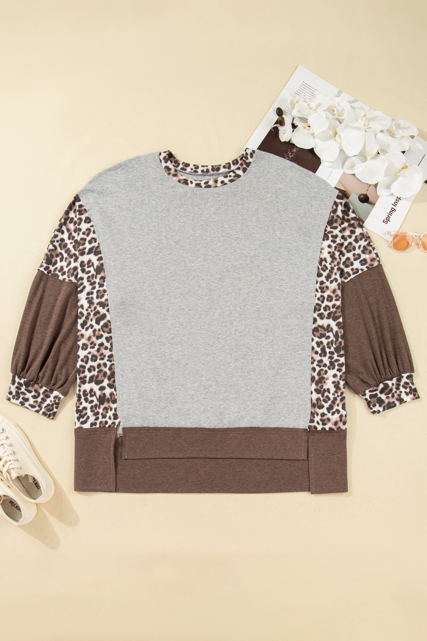 Gray Plus Size Leopard Color Block Patchwork Dolman Sweatshirt