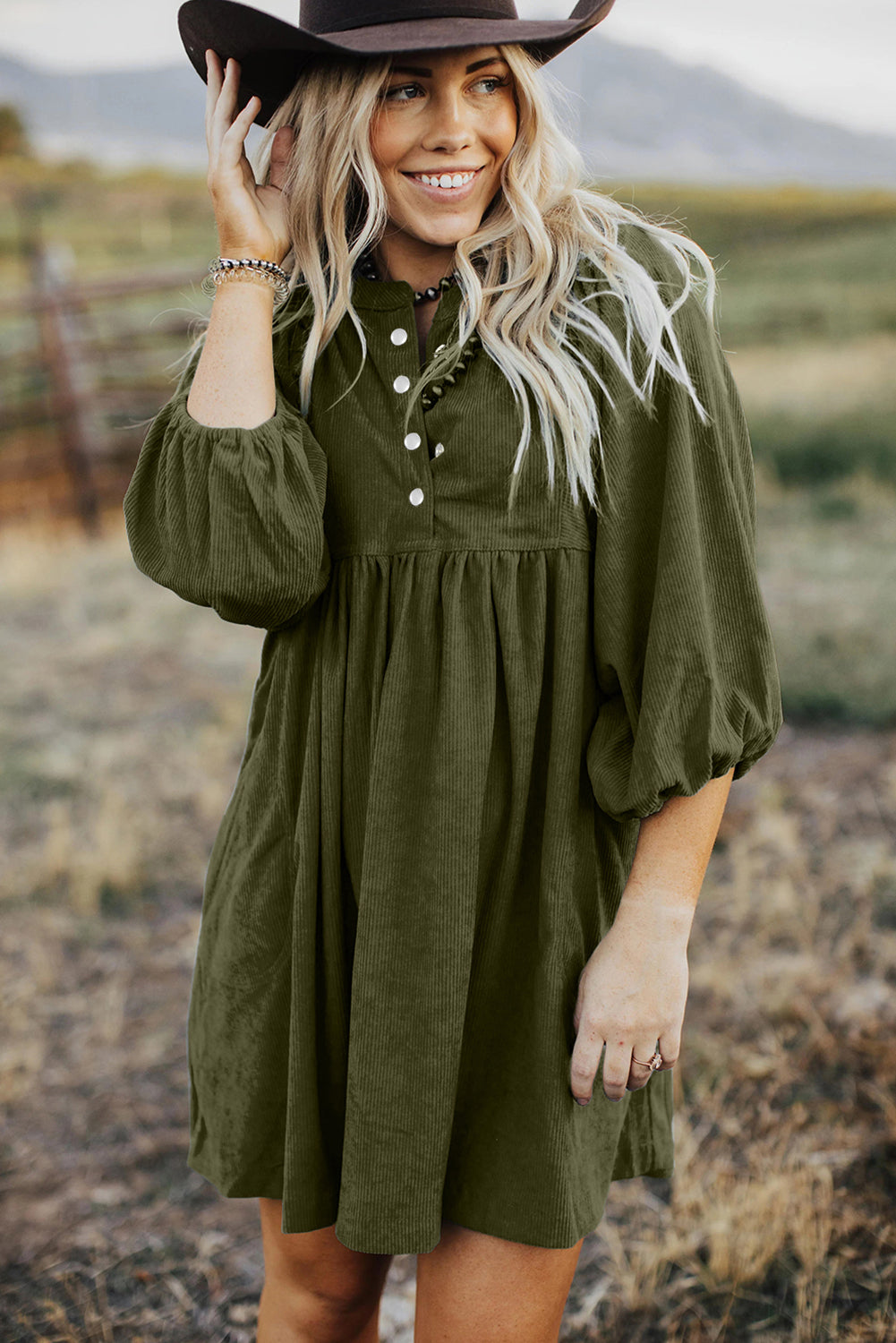 Vineyard Green Corduroy Snap Buttons Empire Waist Bracelet Sleeve Dress