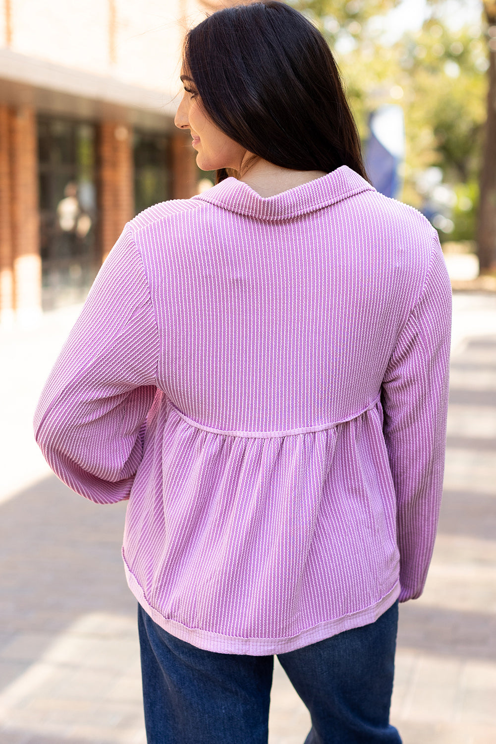Corded V Neck Bubble Sleeve Babydoll Blouse