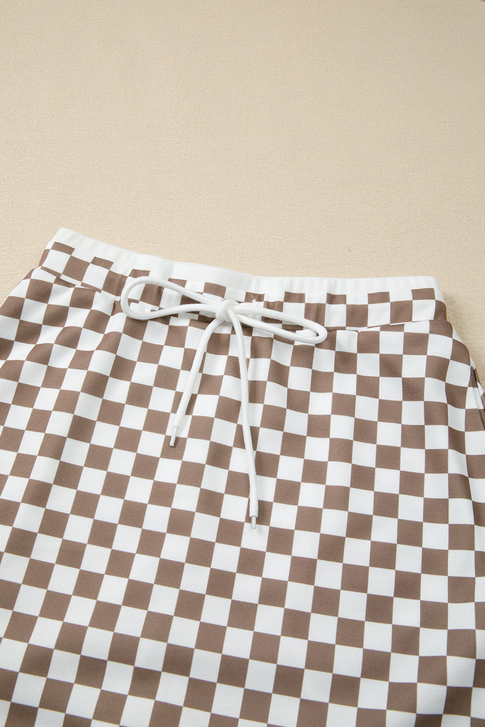 Khaki Checkered Print Polo Collar Cropped Long Sleeve Top Drawstring Mini Skirt Set