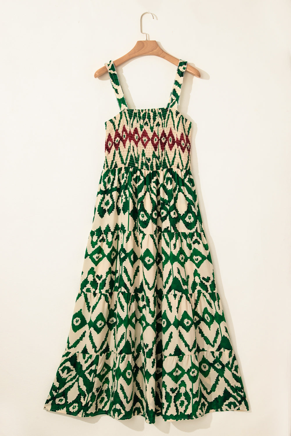 Green Western Aztec Shirred A-line Sleeveless Maxi Dress
