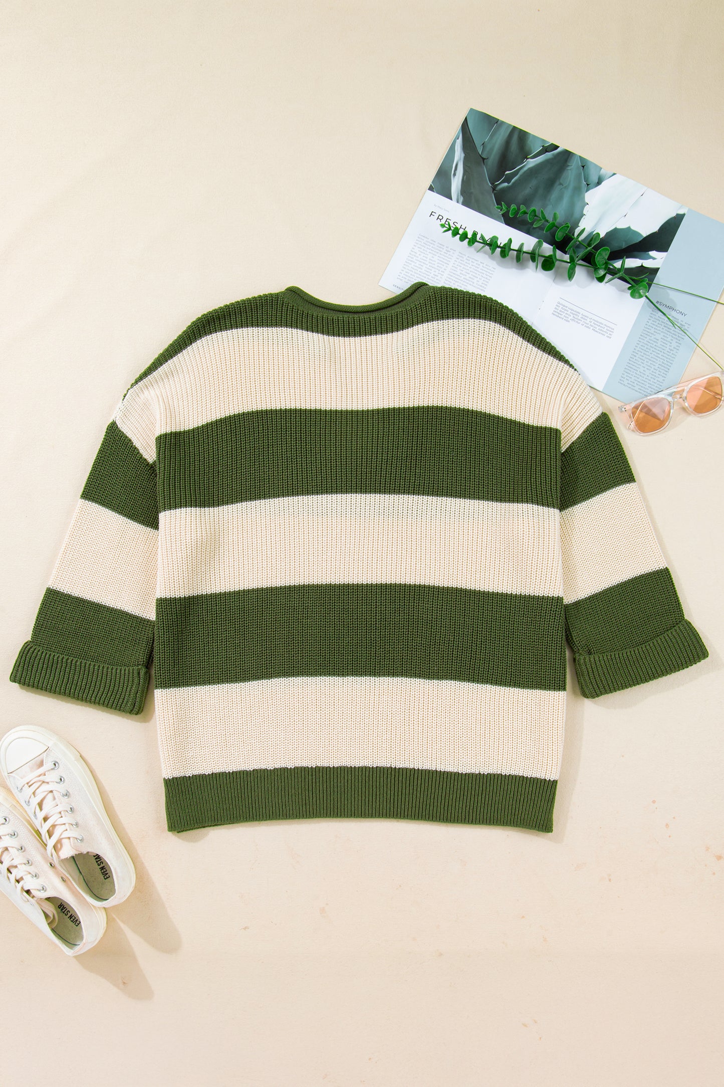 Green Stripe Colorblock Notched Neck Plus Size Sweater