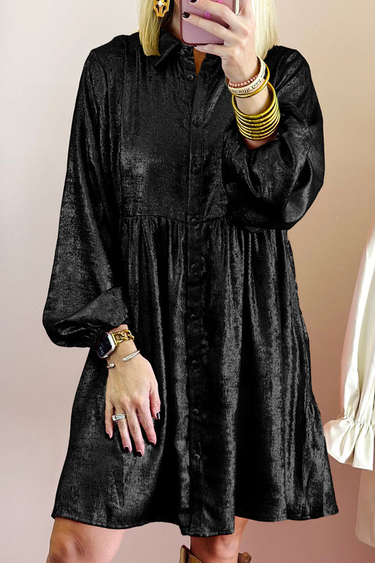 Metallic Sheen Puff Sleeve Mini Shirt Dress Black