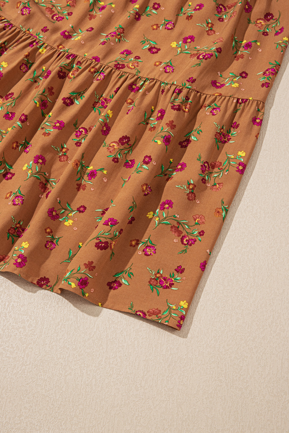 Brown Plus Size Floral Split V Neck Ruffled Sleeve Tiered Maxi Dress
