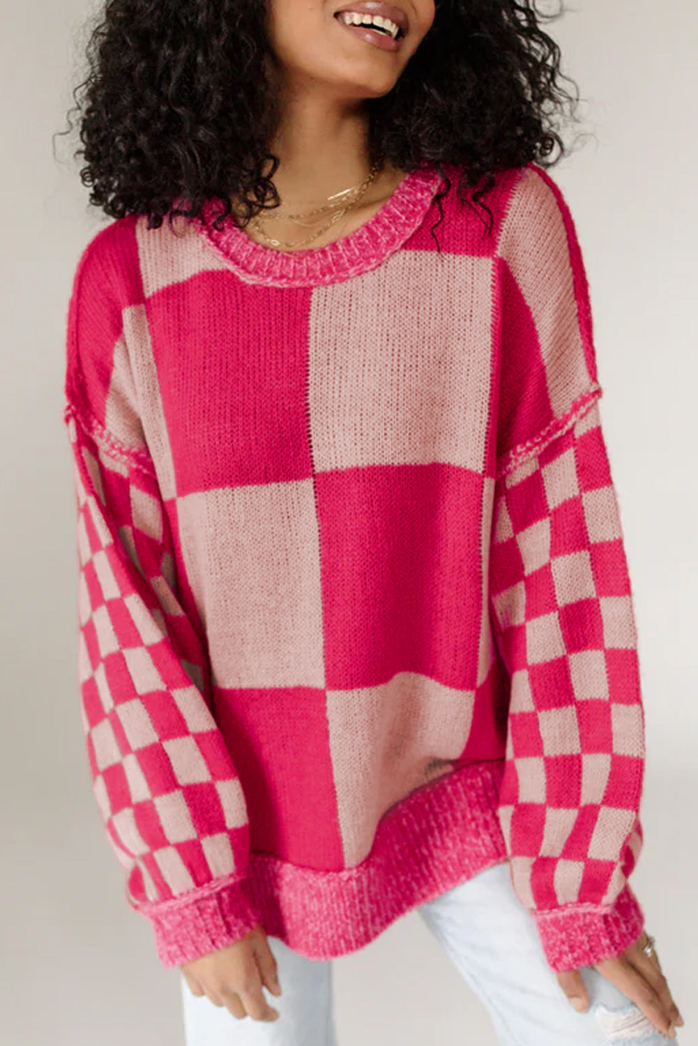 Rose Red Checkered Drop Shoulder Sweater
