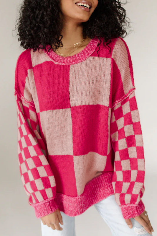 Rose Red Checkered Drop Shoulder Sweater