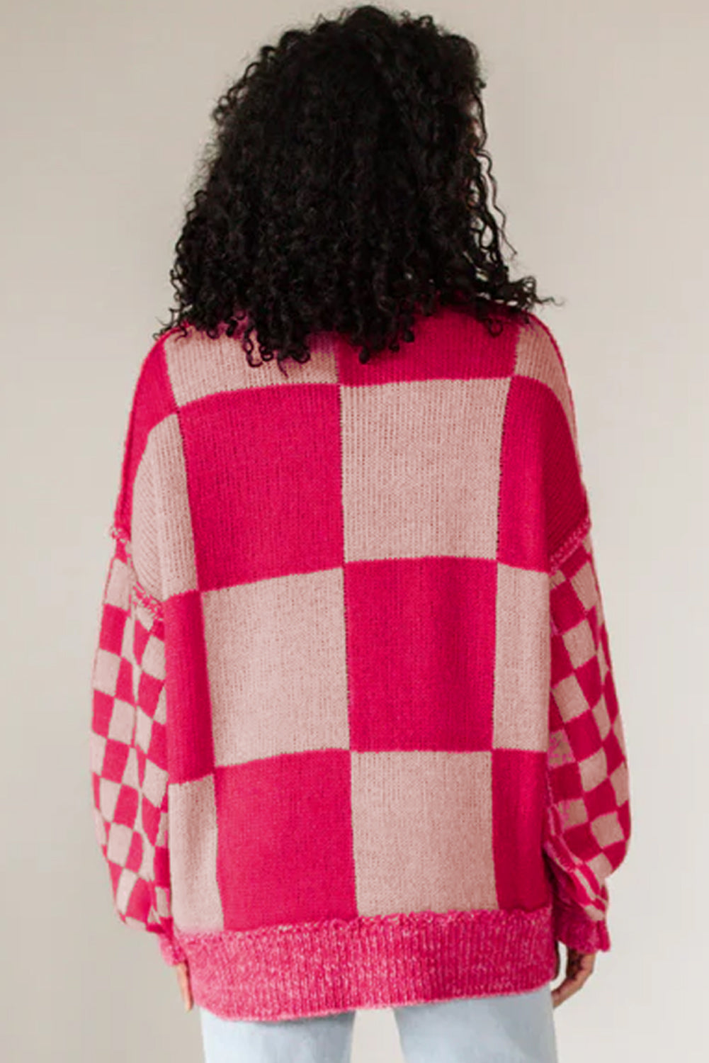Rose Red Checkered Drop Shoulder Sweater