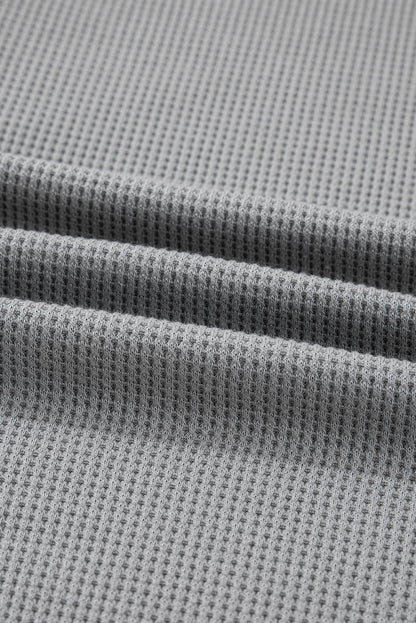 Gray Mixed Pattern Waffle Knit Patchwork Half Buttons Plus Hooded Top