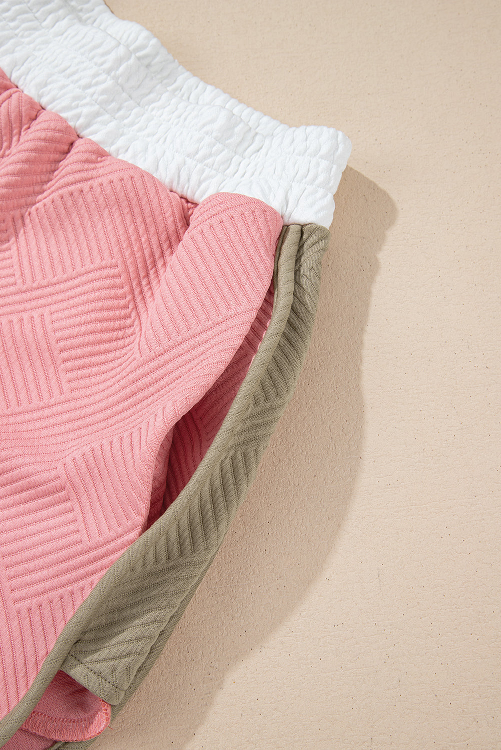 Pink Textured Colorblock Patchwork Tee Two Piece Shorts Set