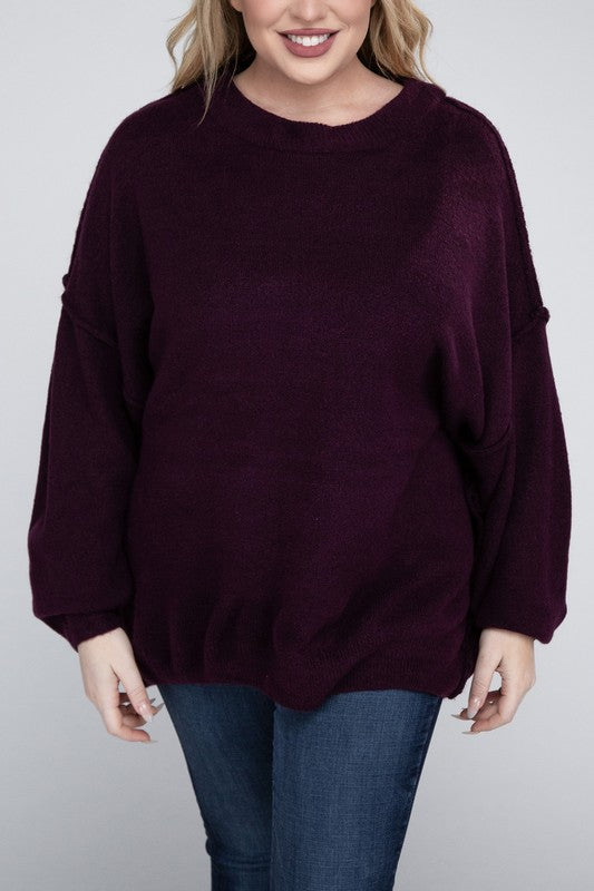 Oversized Round Neck Raw Seam Melange Sweater PLUS