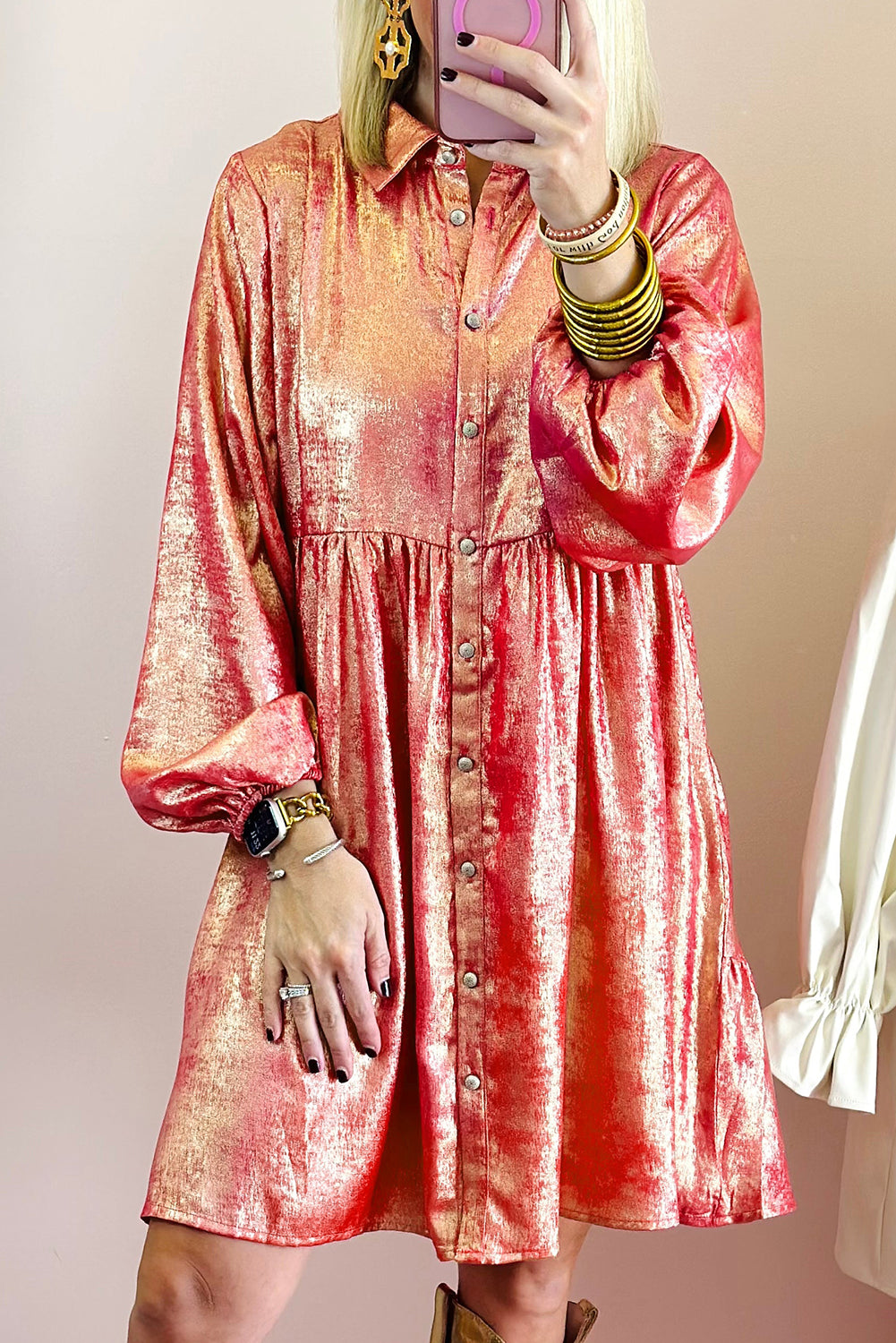 Metallic Sheen Puff Sleeve Mini Shirt Dress Peach