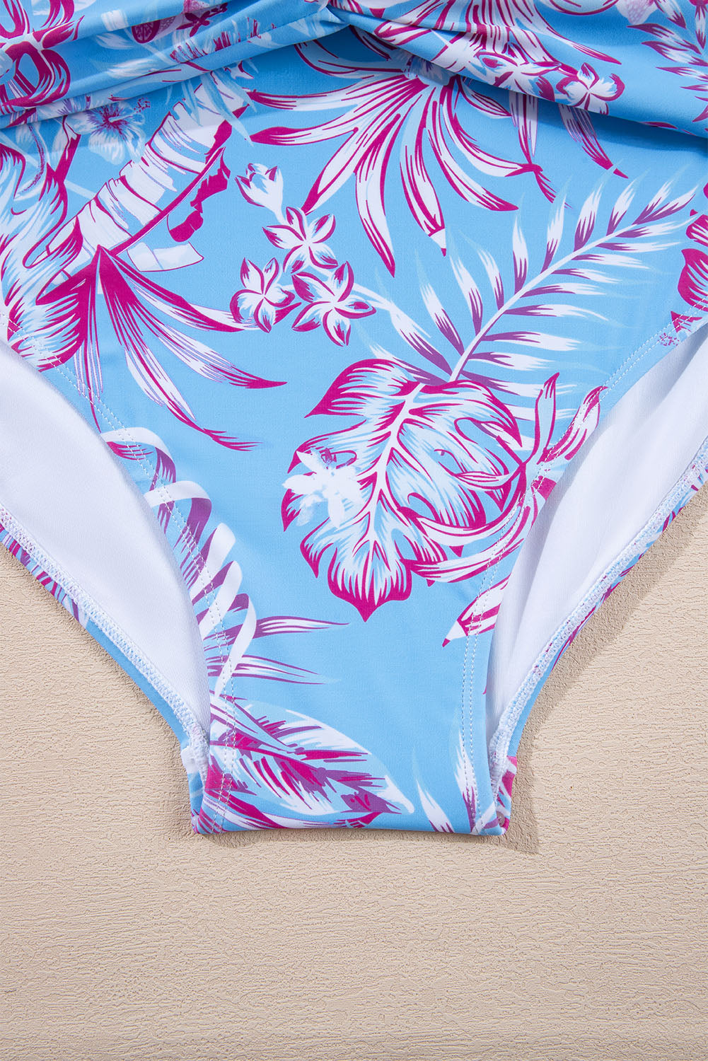 Sky Blue Plus Size Floral Print Twisted High Waist Bikini Set