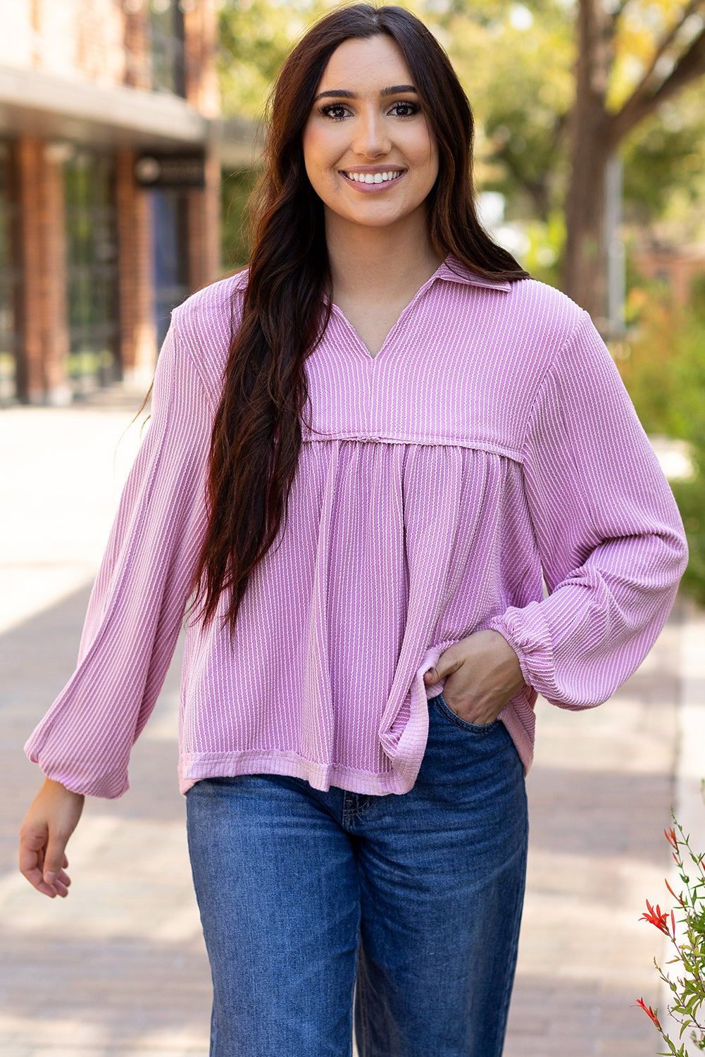 Corded V Neck Bubble Sleeve Babydoll Blouse